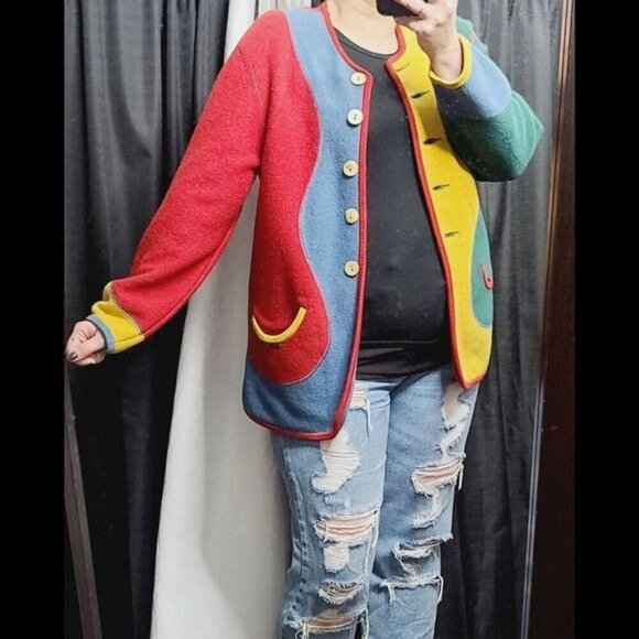 Vintage Geiger Colorblock Colorful Wool Green Red Yellow Jacket - Picture 11 of 16